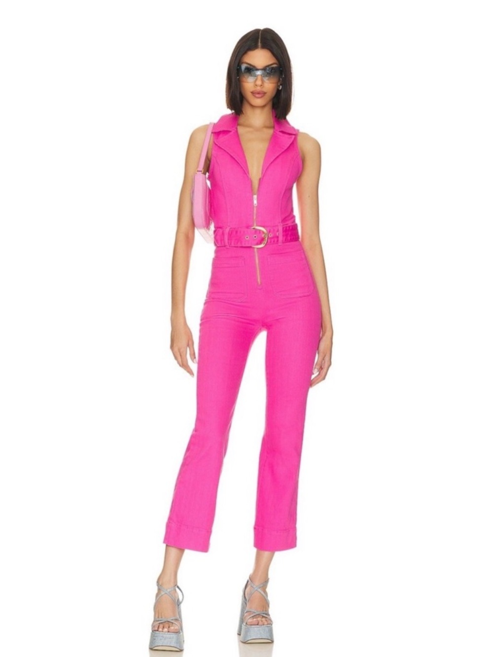 Show Me Your MUMU Jacksonville Cropped Jumpsuit in Hot Pink Denim Size M belted